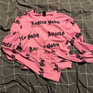 SHEIN Pink Ribbed Tee with Black Print